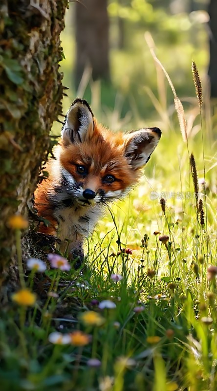 阳光下的红狐幼崽探出头