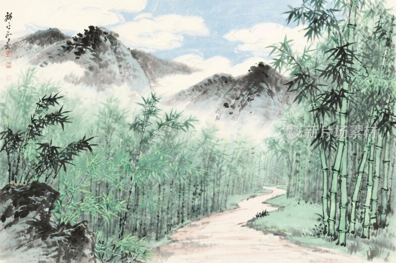 水墨山水竹林图