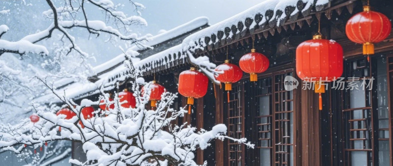 2025蛇年雪景红灯笼新春节日氛围图片