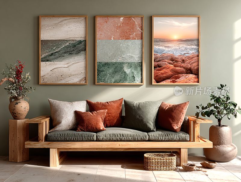 简约客厅装饰画与沙发场景