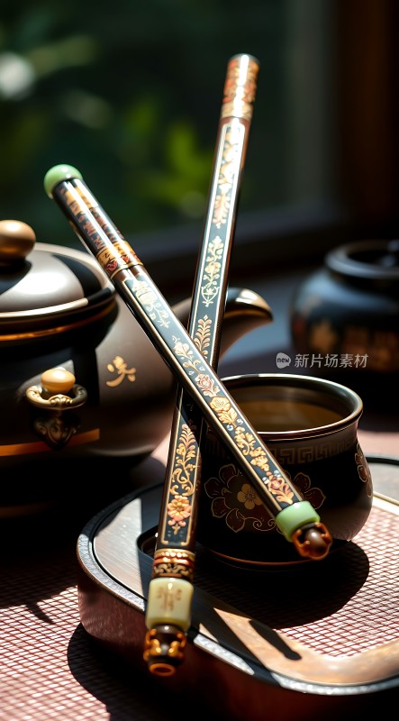 精美茶具与筷子