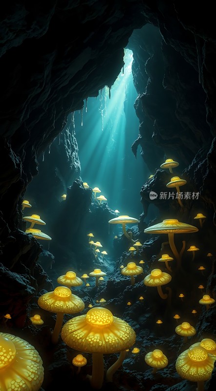 神秘洞穴中的发光蘑菇