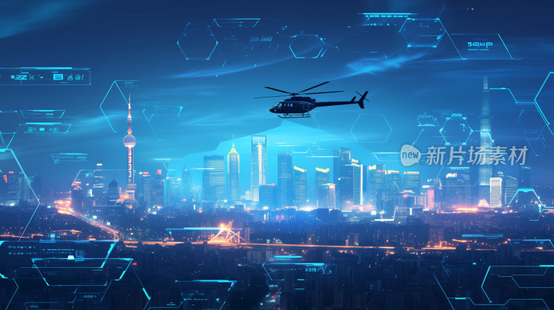 科技感背景一架直升机飞行在繁华的城市夜空