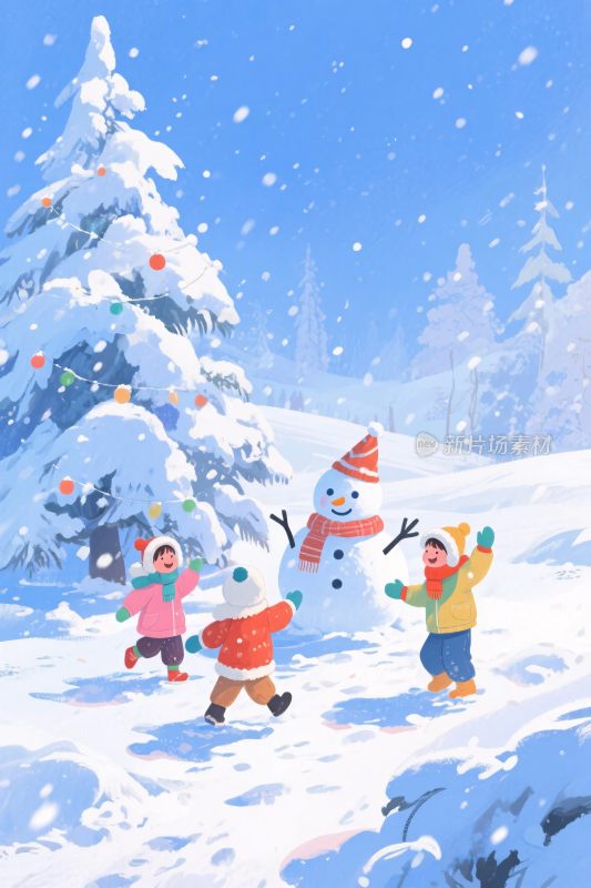 冬季雪景雪人小孩插画