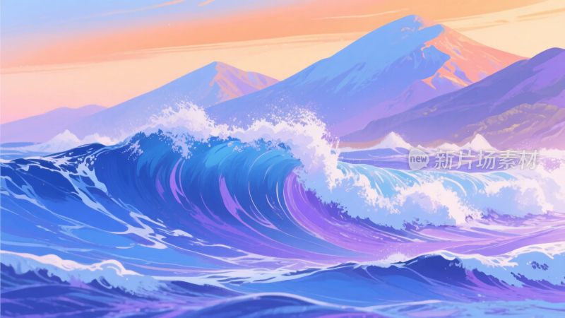 海浪与远山的梦幻风景插画