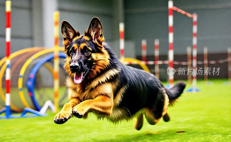 德国牧羊犬在障碍场奔跑