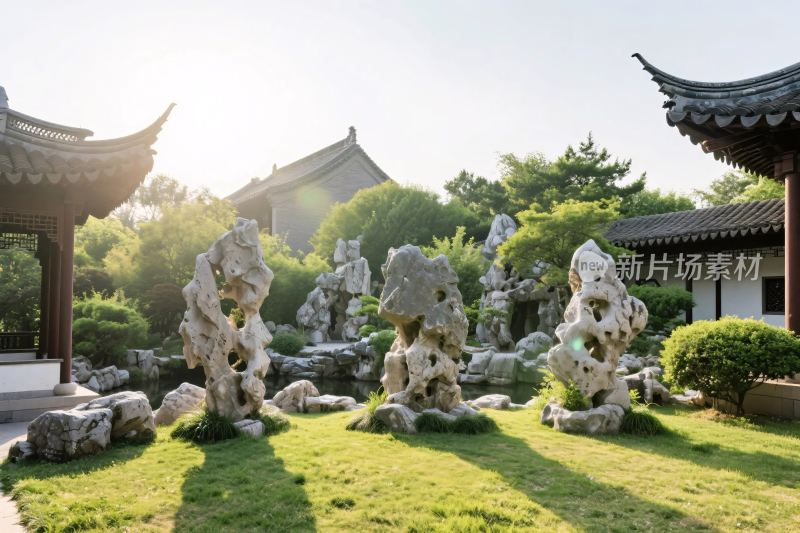 中式园林假山古建景观