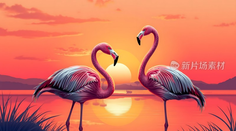 火红夕阳下的两只火烈鸟