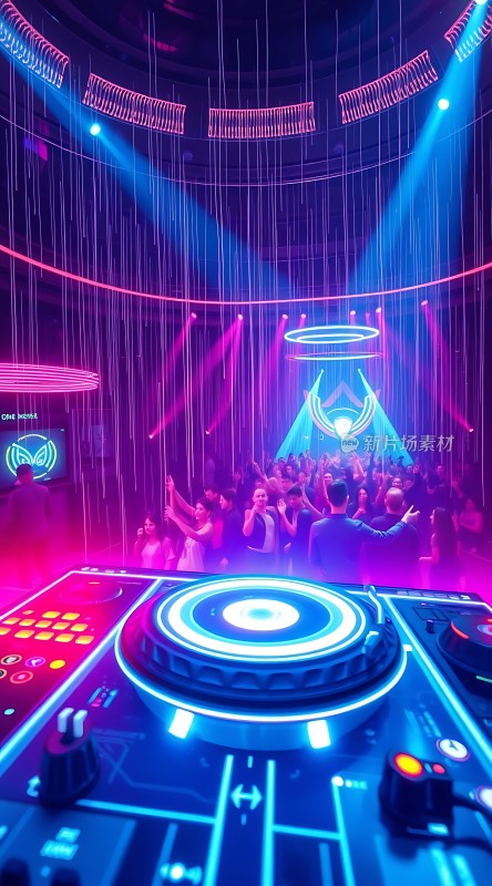 霓虹灯光下的派对现场DJ台前观众狂欢