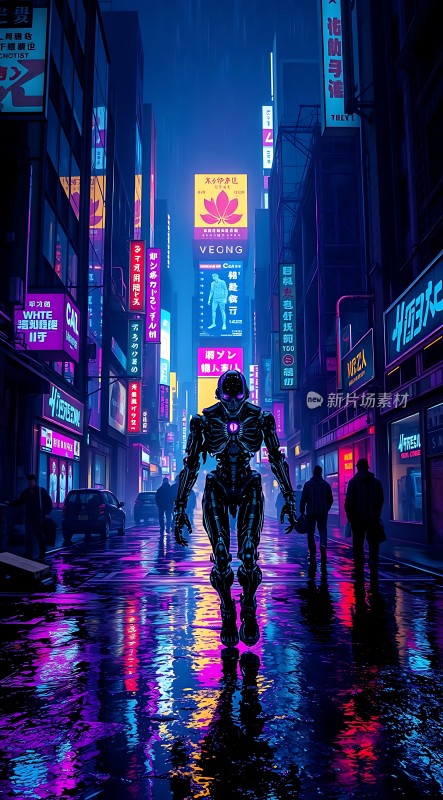 霓虹灯下的机器人漫步