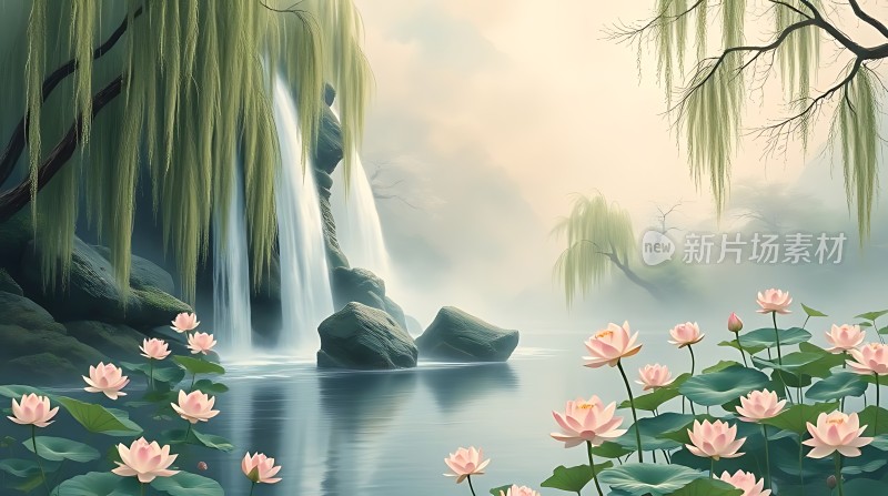 湖畔垂柳映荷花