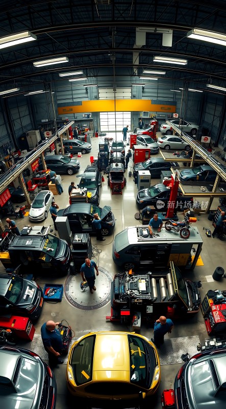 车间内忙碌的汽车维修场景