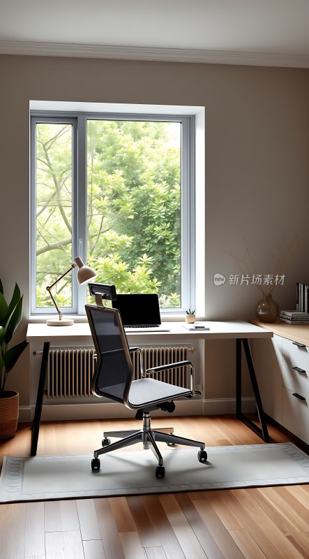 阳光洒满现代简约办公空间绿意盎然映衬工作环境
