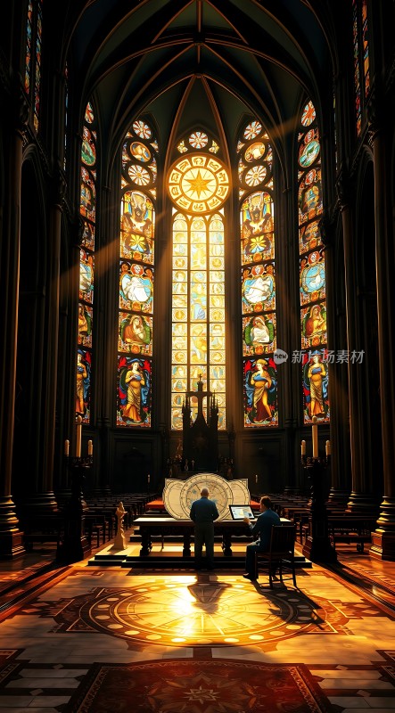 教堂内的彩色玻璃窗与钢琴演奏者