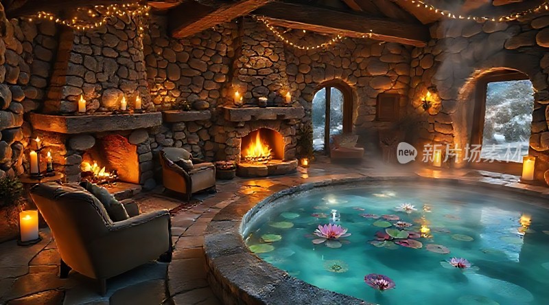 温馨石屋浪漫火炉旁的热水池