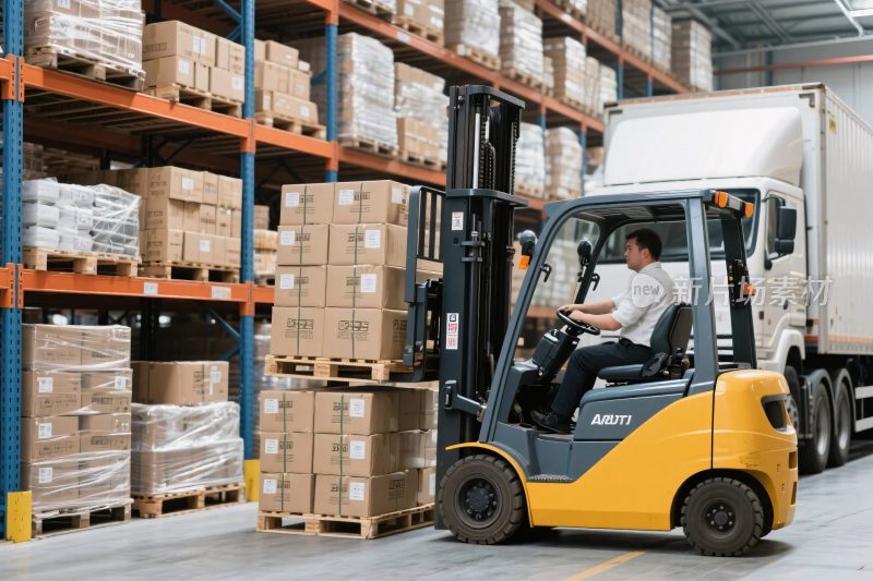 仓库叉车搬运货物场景