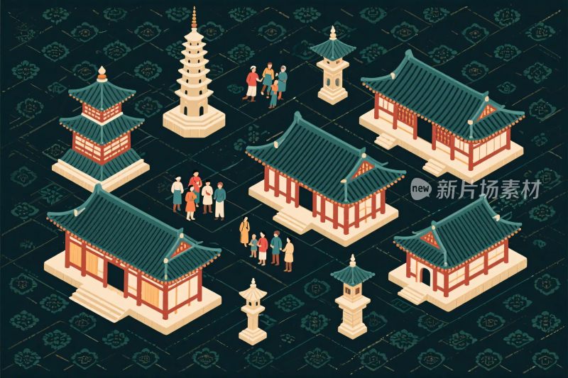 古建筑等距插画