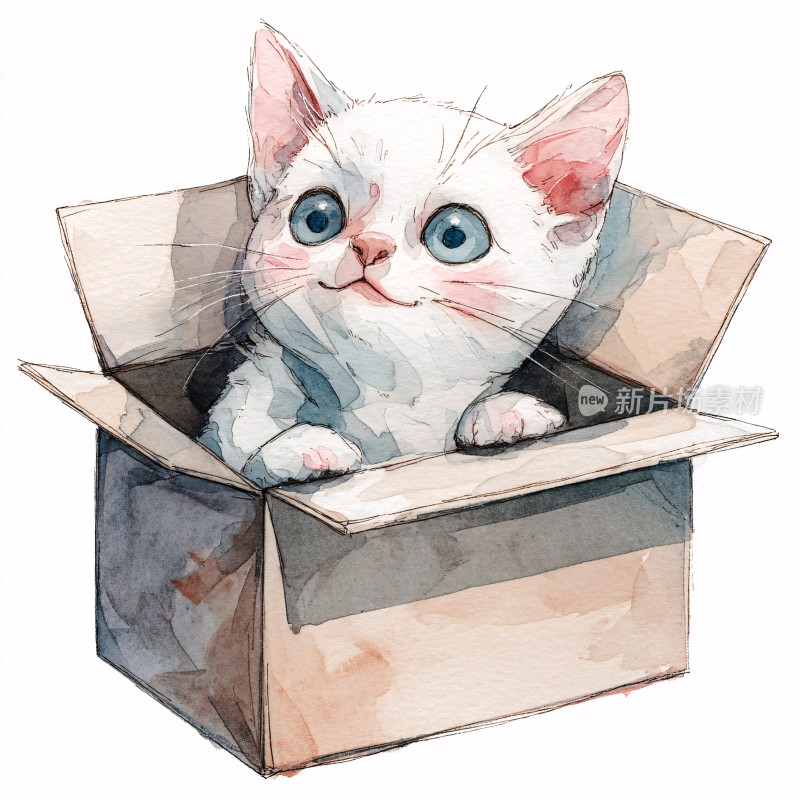 纸箱里的可爱小猫插画