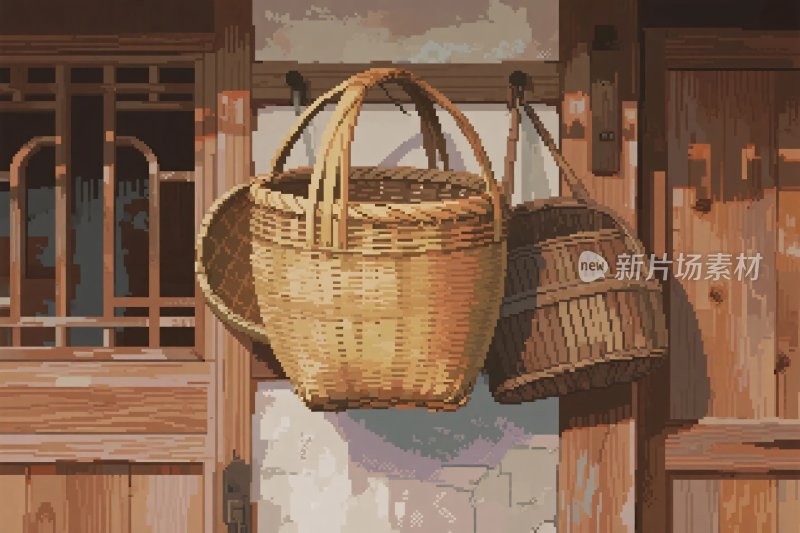 竹篮悬挂于老木屋