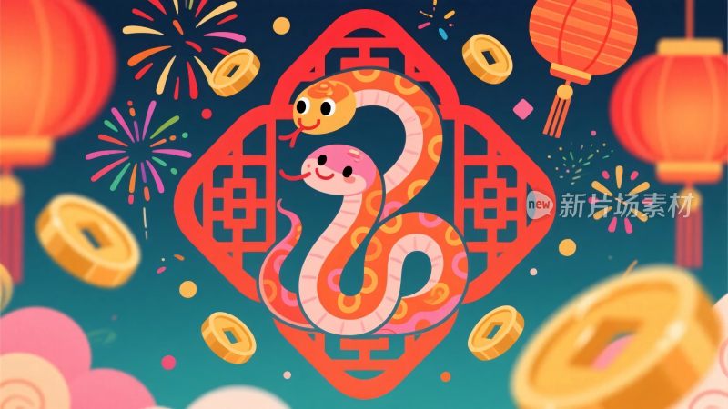 卡通生肖蛇喜庆插画