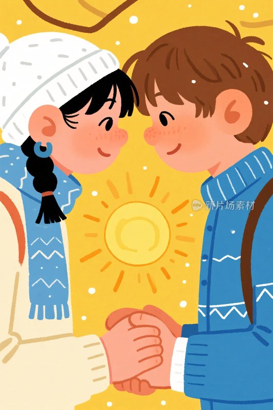 冬日牵手插画