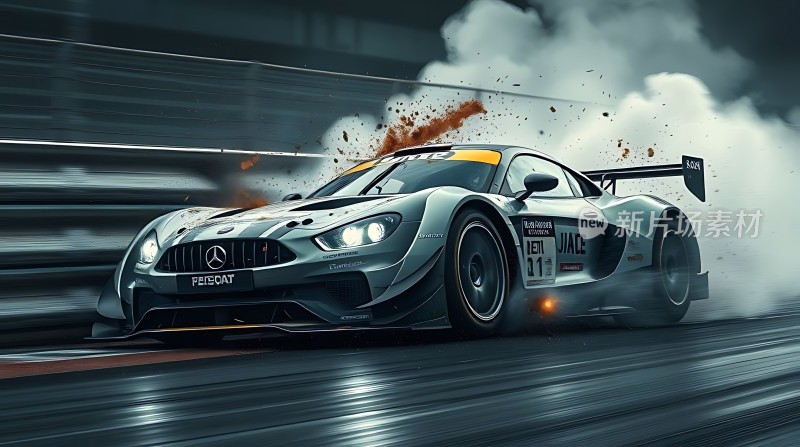 赛道上的极速对决银色赛车疾驰而过扬起尘土与烟雾展现出速度与激情的魅力