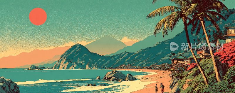 海边夏日风景插画