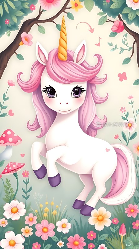 粉色独角兽在花丛中翩翩起舞