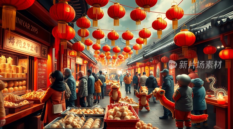 春节庙会热闹非凡灯笼高挂人潮涌动美食琳琅满目