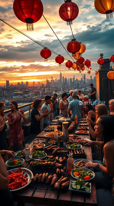 城市天际线下的户外烧烤聚会