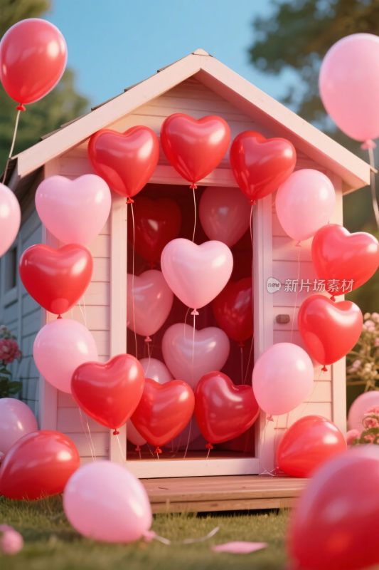 爱心气球装饰小木屋