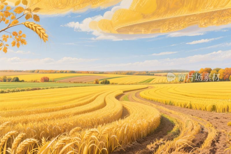 田园麦田风景插画