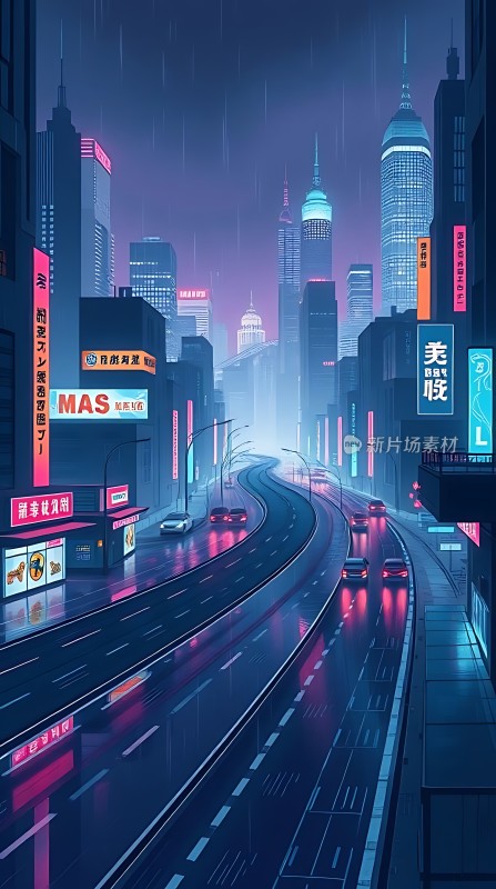 霓虹灯下的未来都市夜景
