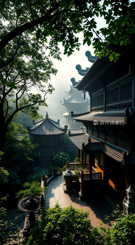 古寺晨雾中隐现绿树环绕显幽静
