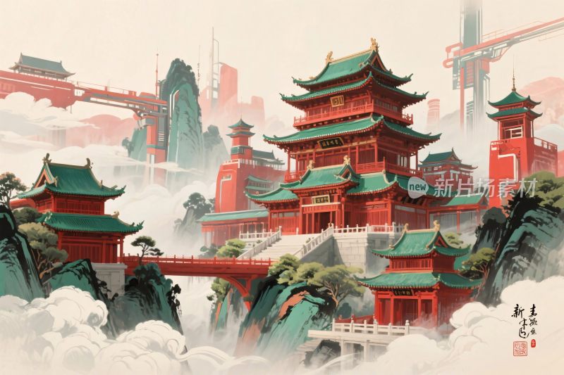 古风中式楼阁山水插画