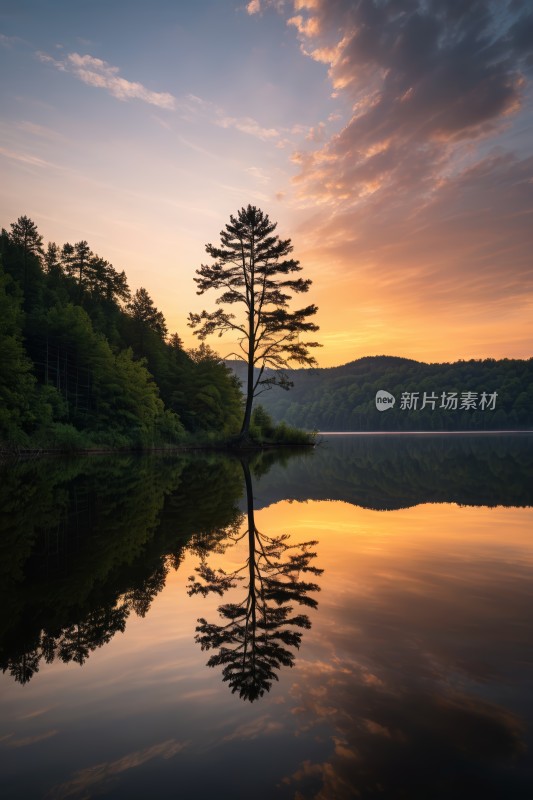 日落时分树木倒映在湖中的水中图片