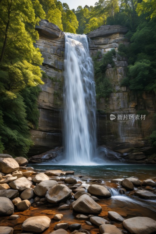 一个瀑布流过水中的岩石高清风景图片