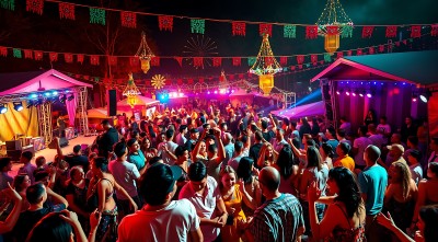 夜幕下的狂欢节灯光闪烁人群熙攘音乐盛宴