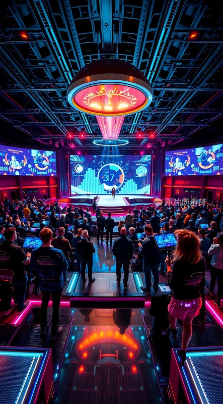 科技感十足的电竞比赛现场观众热情高涨舞台灯光璀璨夺目