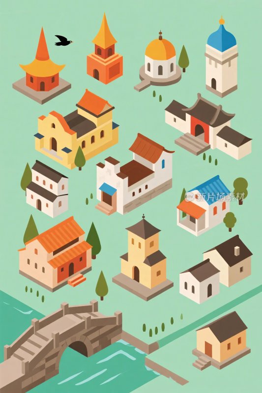 古韵古风小镇插画