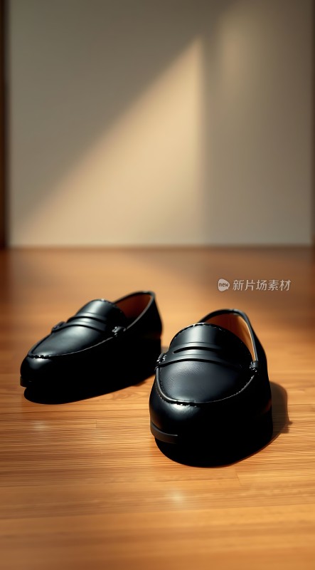 黑色皮鞋映衬木地板上的阳光