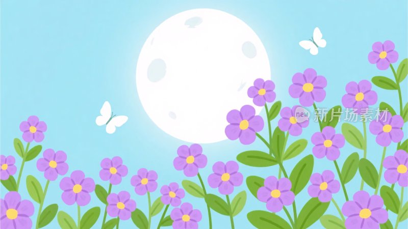月下紫色花丛与蝴蝶插画