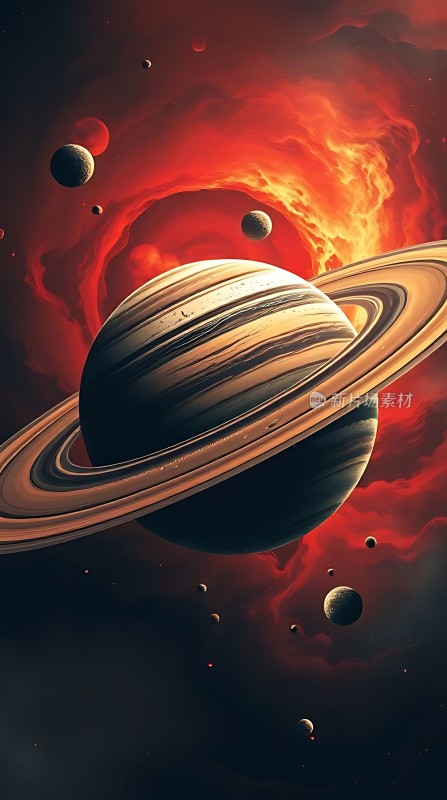“土星环与火红背景”