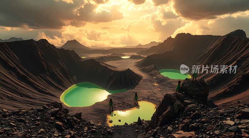 神秘火山绿湖日落奇景