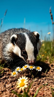 黑白相间的小动物在花丛中探出头