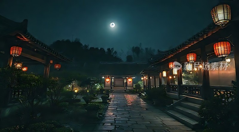 古风庭院夜色灯笼满月