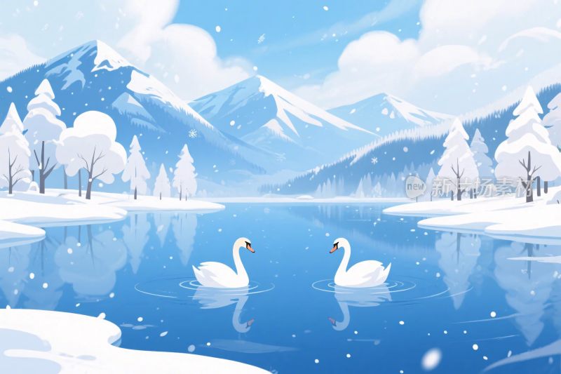 冬季山水天鹅插画