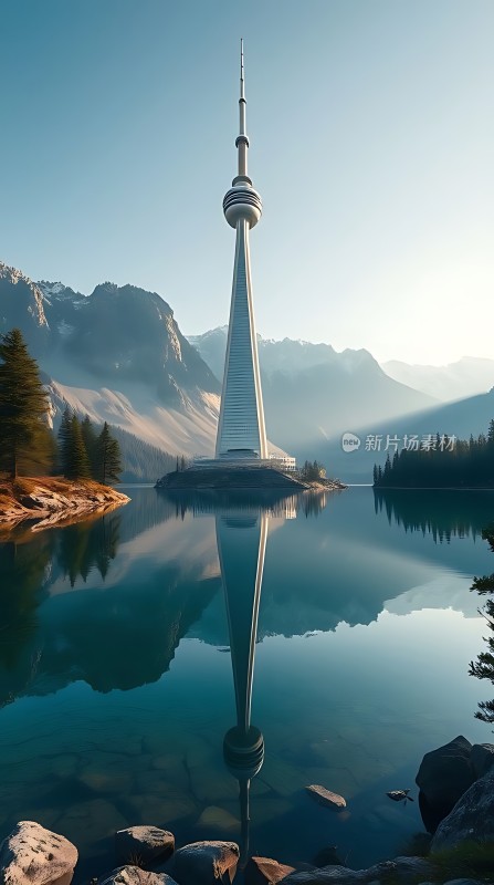 湖畔塔影映山川