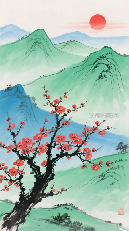 红梅映山景旭日展风华