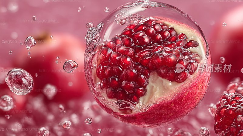 石榴果肉在水中的动感瞬间